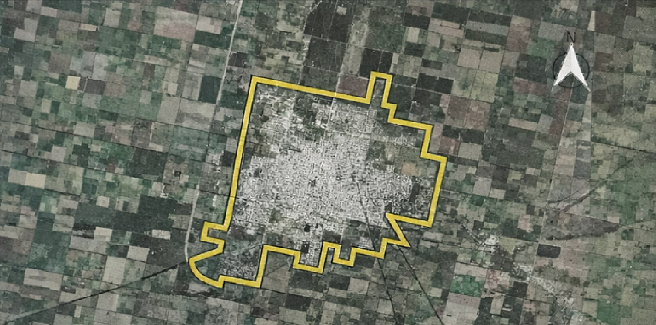 Mapa satelital de Rafaela con la zona de resguardo ambiental marcada en amarillo