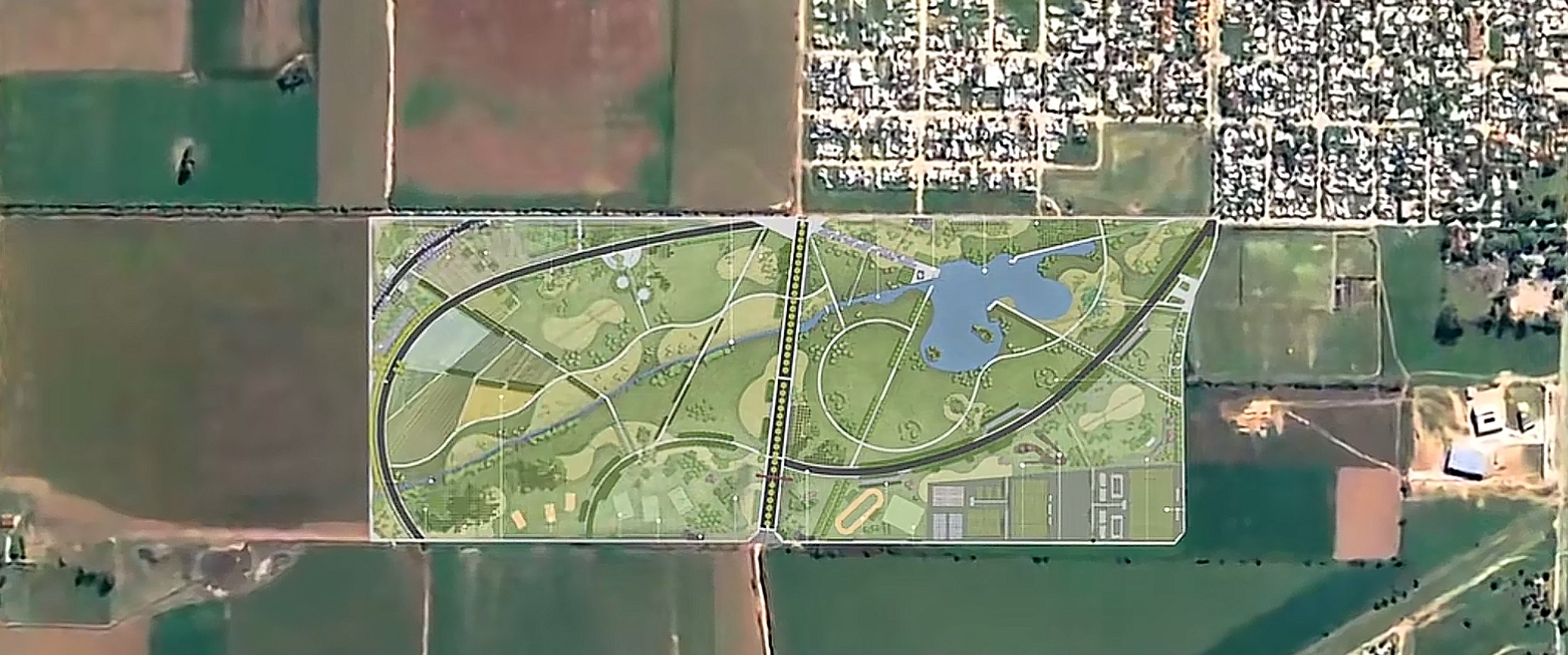 Plan del Ecoparque sobre la imagen satelital, detrás del campus de la UNRaf