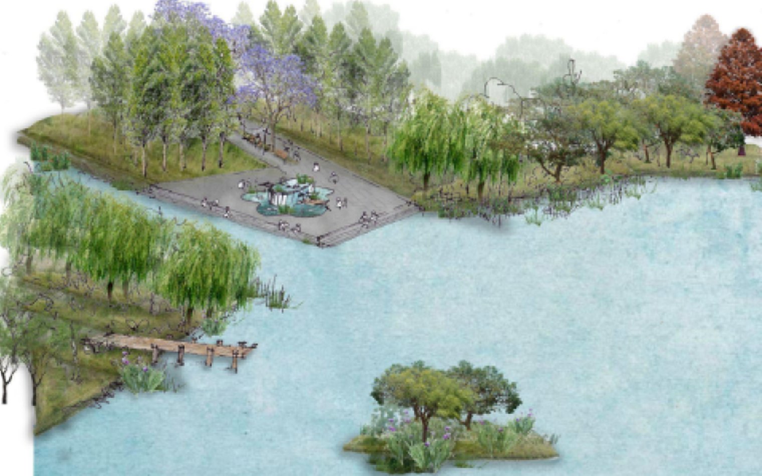 Render de la laguna del Ecoparque con árboles nativos y un muelle