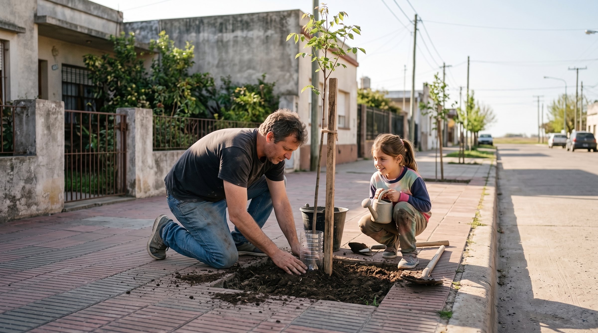 Vecinos plantando un árbol en la vereda